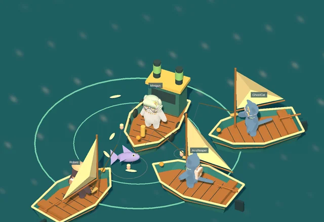 A group of cats sharing a fishing spot in their personal boats