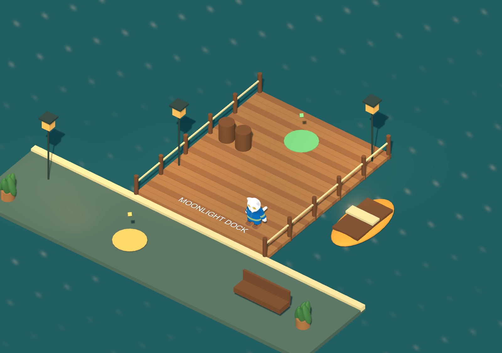Moonlight Dock, with a cat, a small boat and warm lamps beside the water