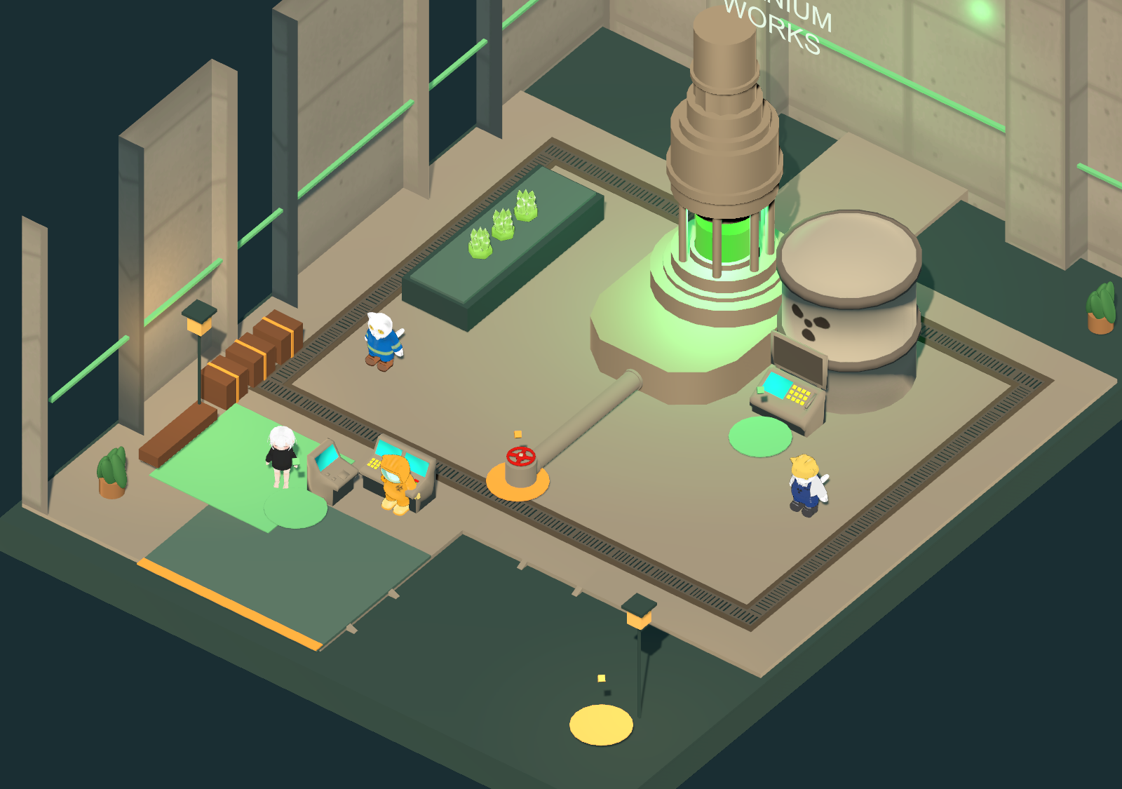An early Minibot World factory scene, with uniformed cats around a glowing green reactor